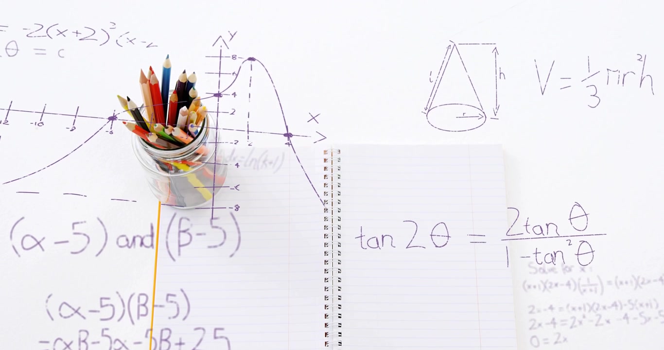 Overhead shot showing jar of pencils as math formulas and notebook pages appearing teaching math