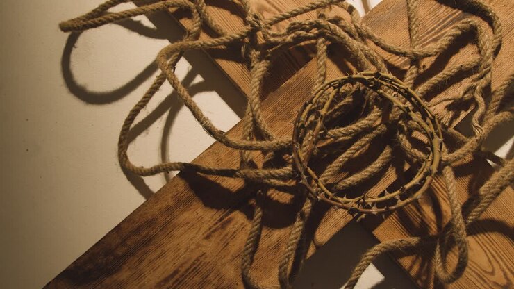 Religious Concept Shot With Crown Of Thorns Rope And Wooden Cross In Pool Of Light 1
