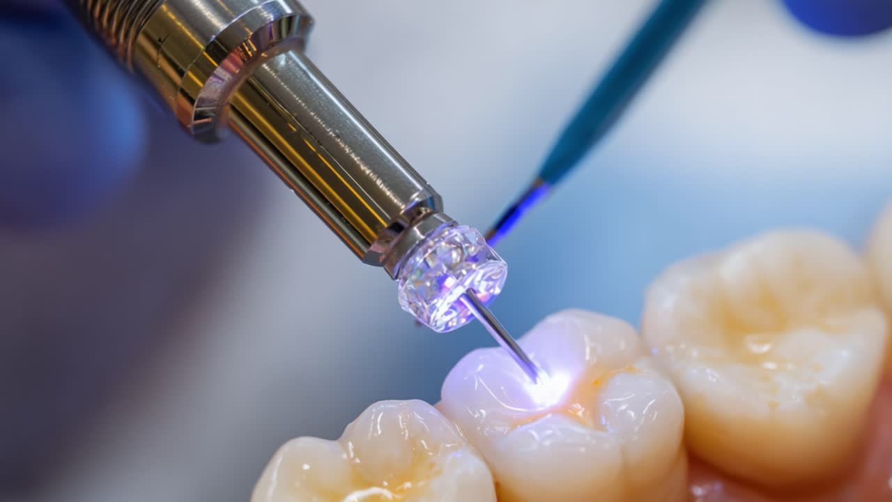 Advanced Dental Technology in Action: Precision Laser Treatment Applies Light Therapy to Enhance Oral Health and Restorative Procedures on Teeth Surfaces