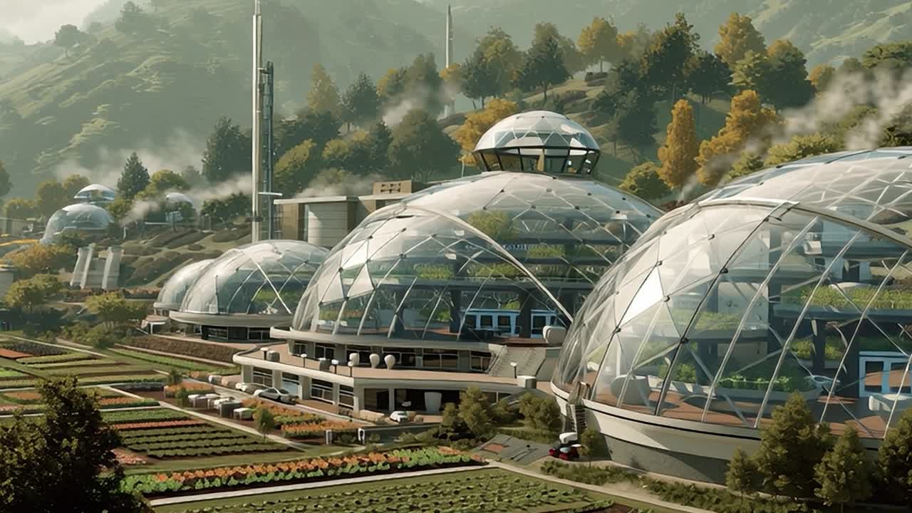 Futuristiske landbrugskupler i en frodig dal med bjerge i baggrunden.