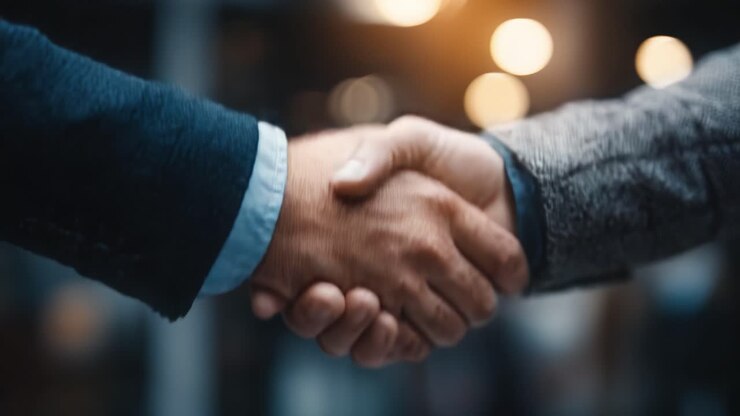 A Professional Handshake Signifying Agreement and Collaboration Between Individuals in a Business Setting with a Warm and Inviting Atmosphere Indicated by Soft Lighting