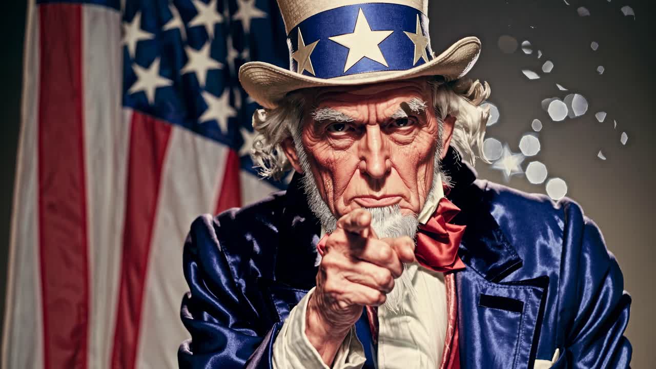 Patriotic video concept with a close-up angle of a stern Uncle Sam pointing