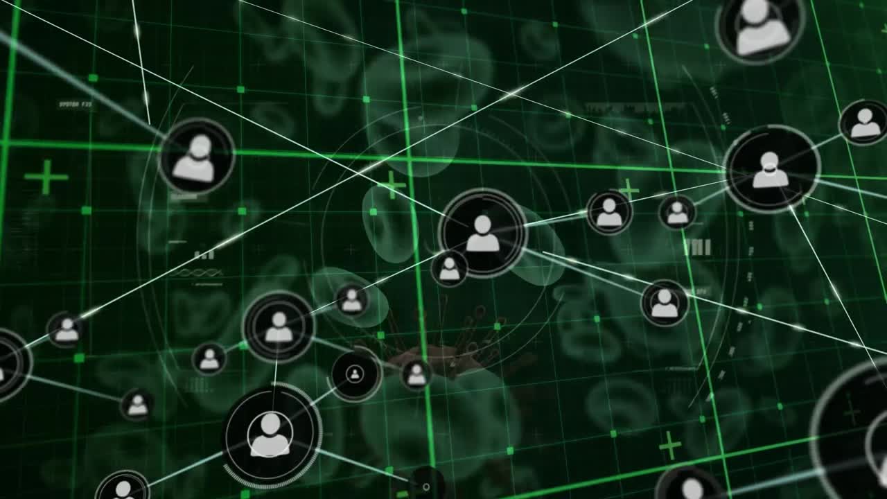 Animation of network of connections with media icons over virus cells