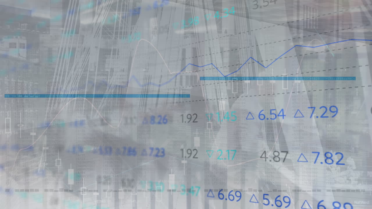 Animation of statistical and stock market data processing against man standing at office