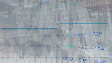 animation of statistical and stock market data processing against man standing at office