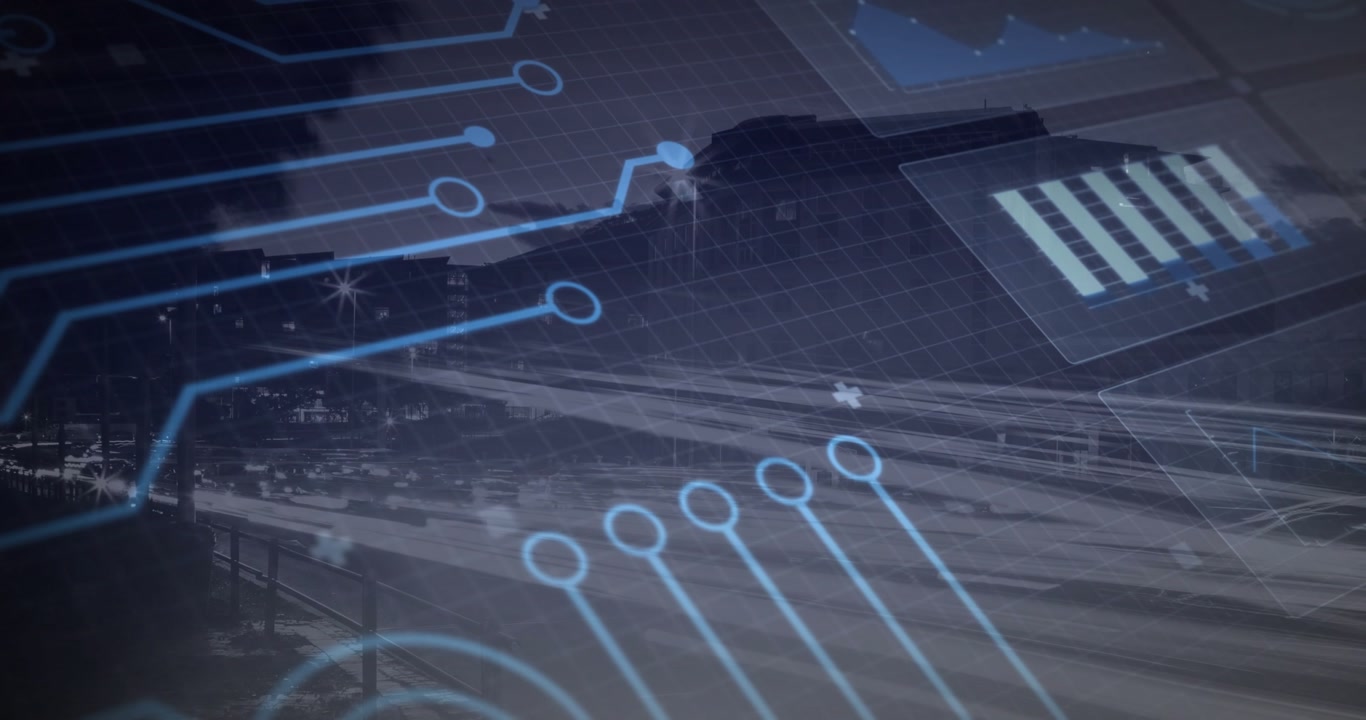 Night highway shot initiating circuit lines sliding in with nodes, chart visualizing traffic flow