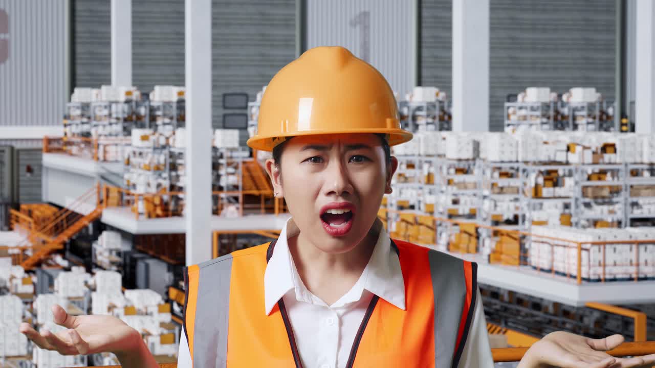 안전 헬을 입은 아시아 여성 엔지니어가 배달품으로 가득 찬 선반을 가진 창고에 서서 왜 창고에서 의심스럽게 일하는지 궁금하고 말합니다.