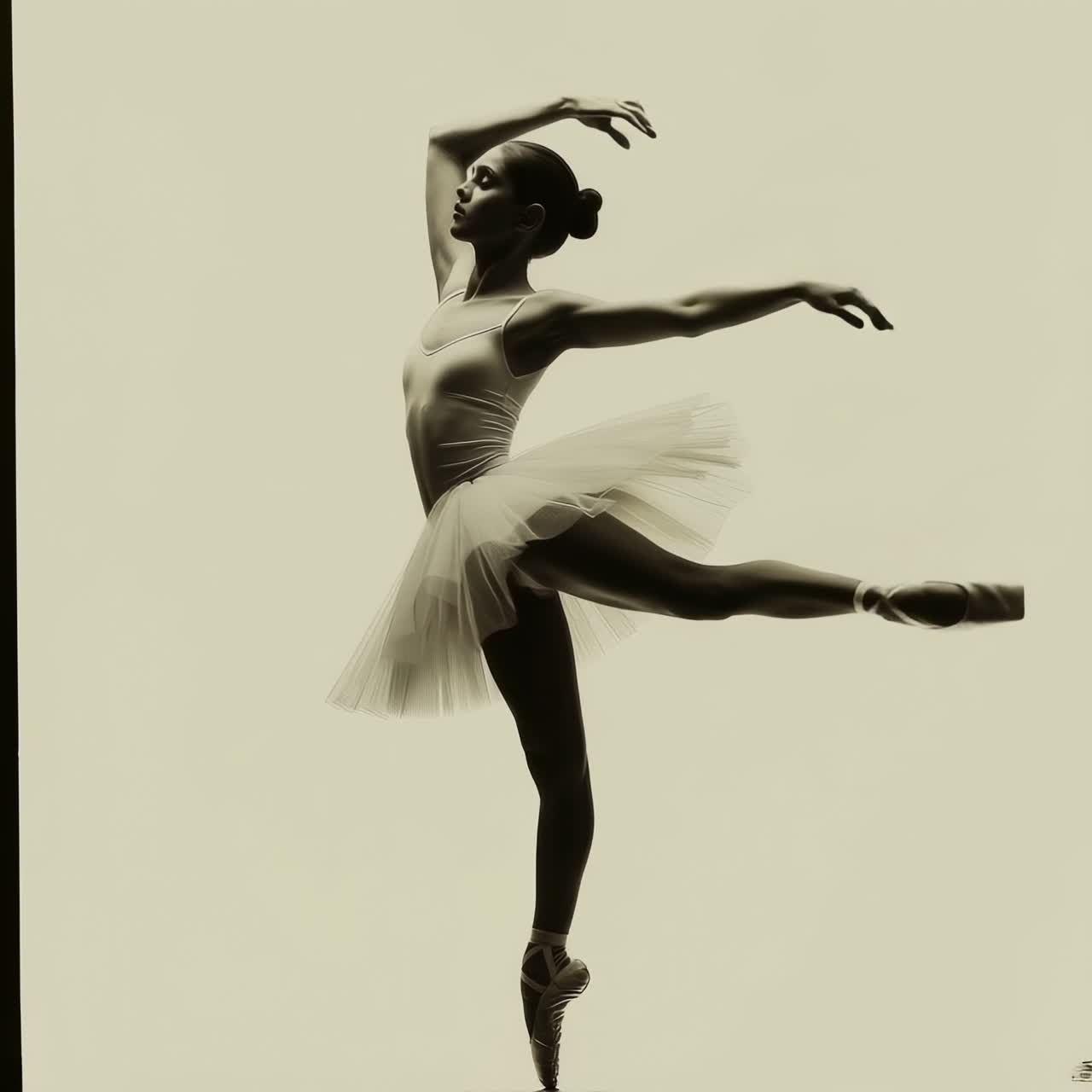 Elegant ballet dancer in mid-pose, captured in a side profile angle. The sepia tone adds a timeless
