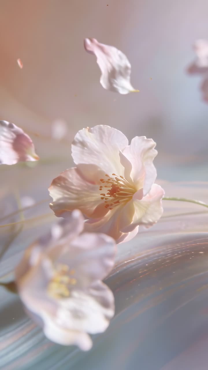 Video verticale: Fiore rosa pallido sollevato da una leggera corrente d'aria, petali che fluttuano in primo piano, nastro.