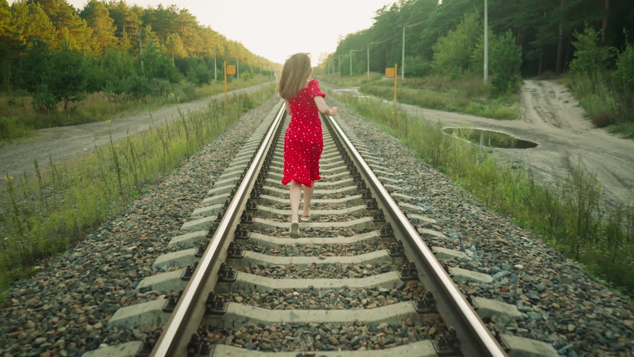 Rear view of woman in red dress running along railway track in countryside with surrounding greenery and forest trees during sunset, hair flowing freely as she moves with energy and grace