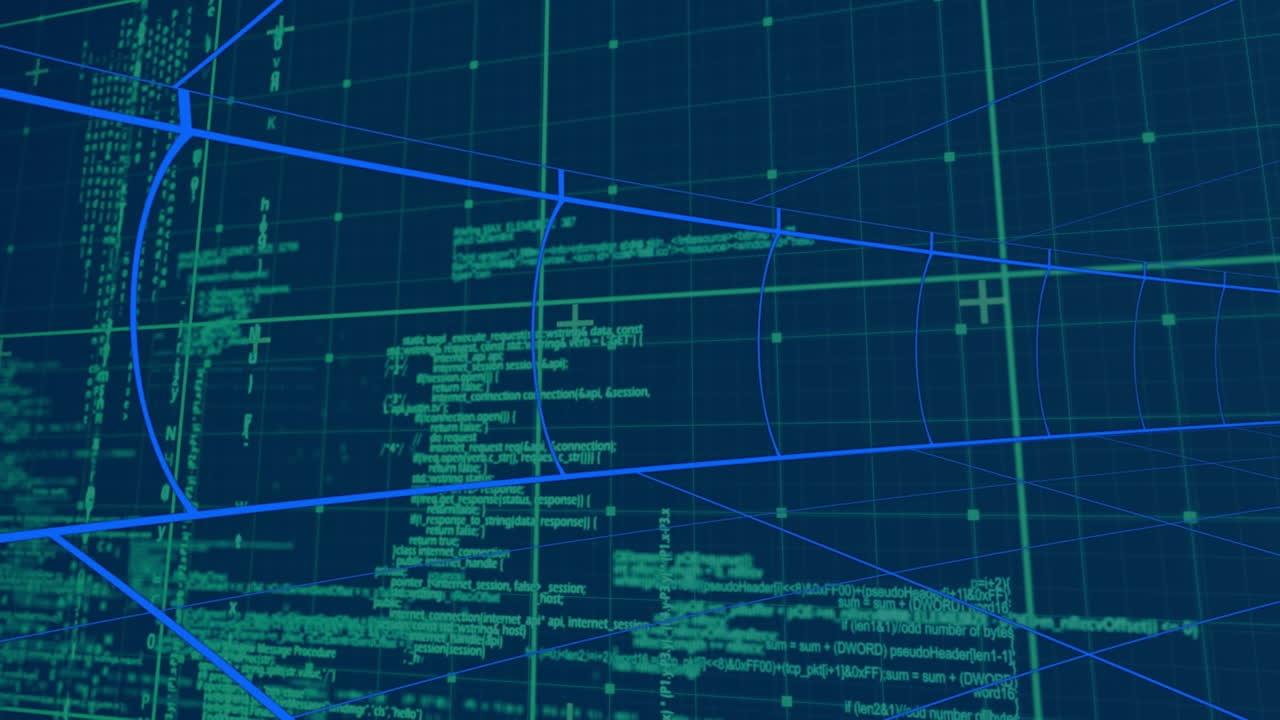 Digital animation of data processing over grid network on blue background