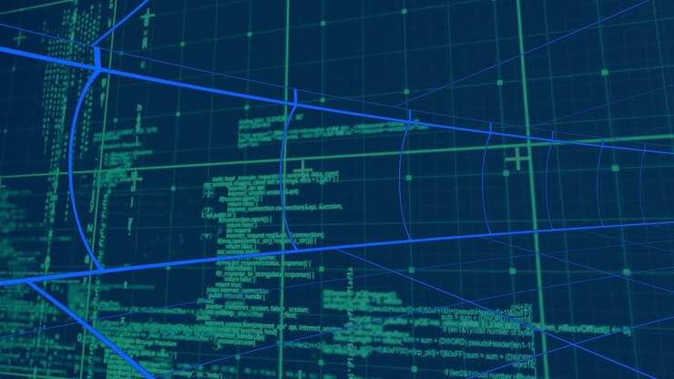 Digital animation of data processing over grid network on blue background