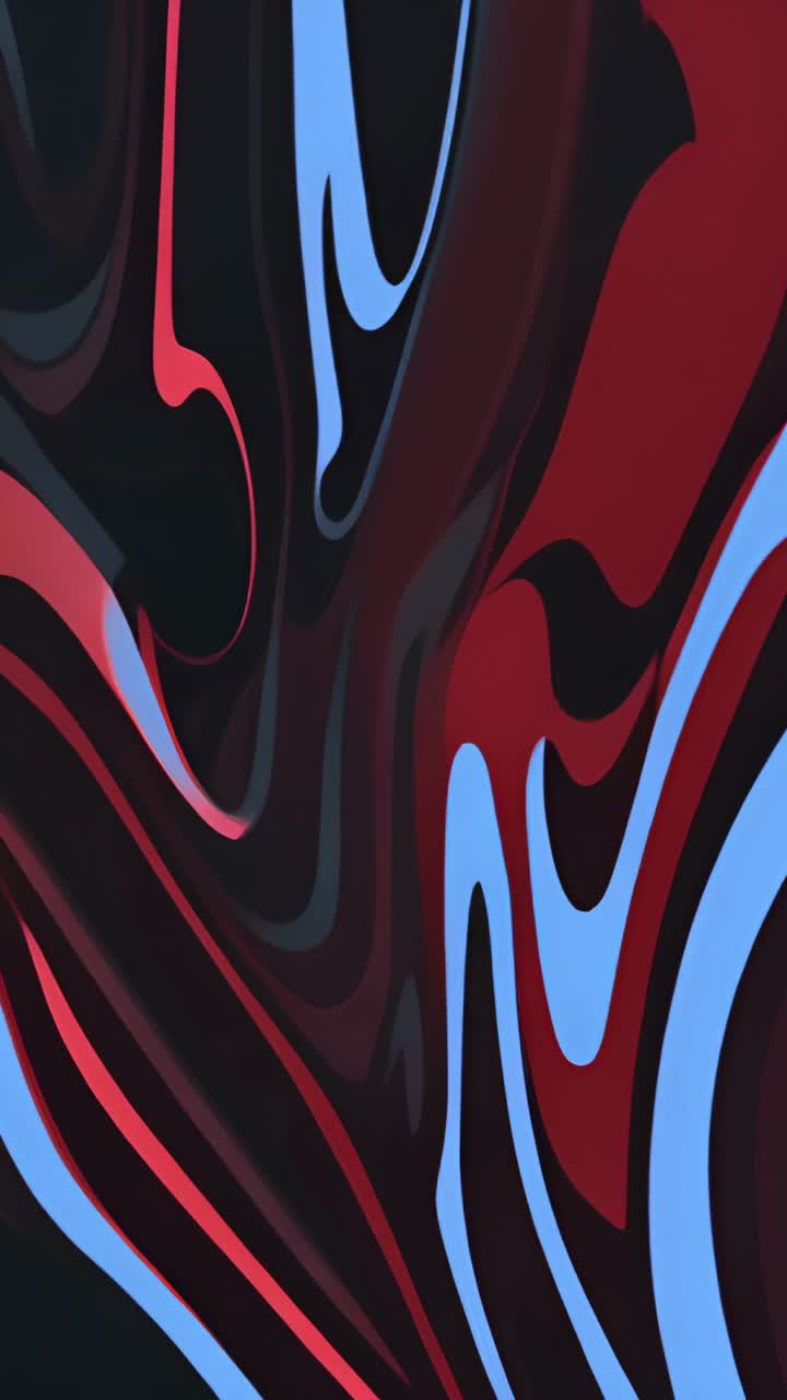 Vertical video: Flowing swirl morphing red veins and sliding blue streaks in digital space, looping