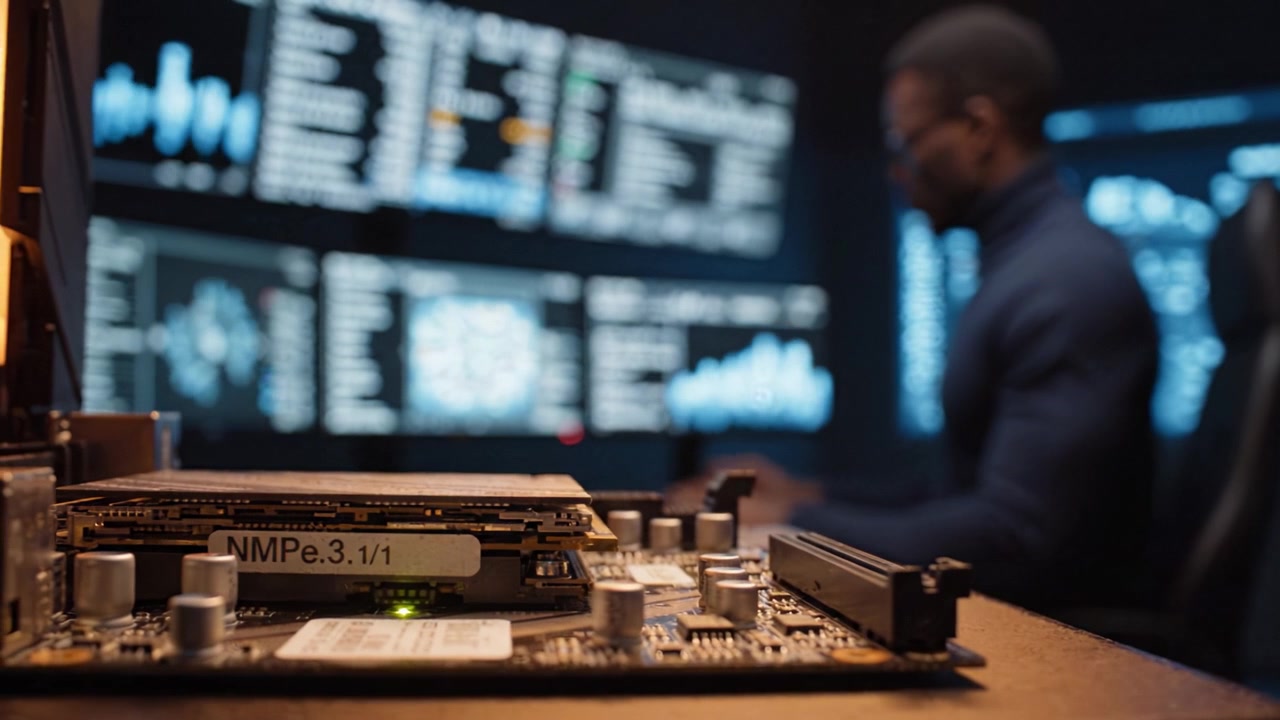 A focused cybersecurity expert analyzing data from screens filled with complex graphs and information while a computer motherboard is prominently displayed in the foreground.