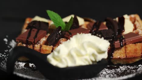 a waffle with chocolate, chocolate sauce and mint is served with cream