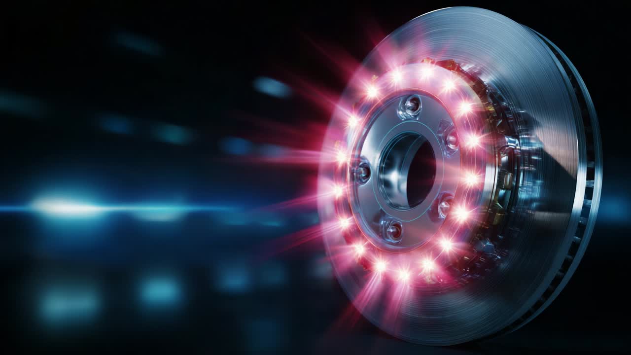 A close-up view of a high-performance brake rotor featuring advanced lighting elements and intricate design, showcasing the engineering prowess in automotive brake systems and the blend of technology and performance