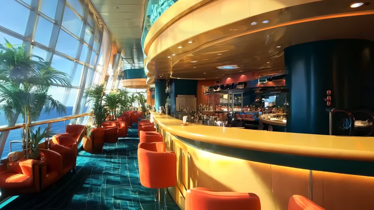 오렌지색 의자 와 바 카운터 가 있는 바 지역