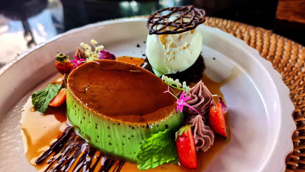 Green pudding creme brulee dessert with ice cream vanilla and strawberry