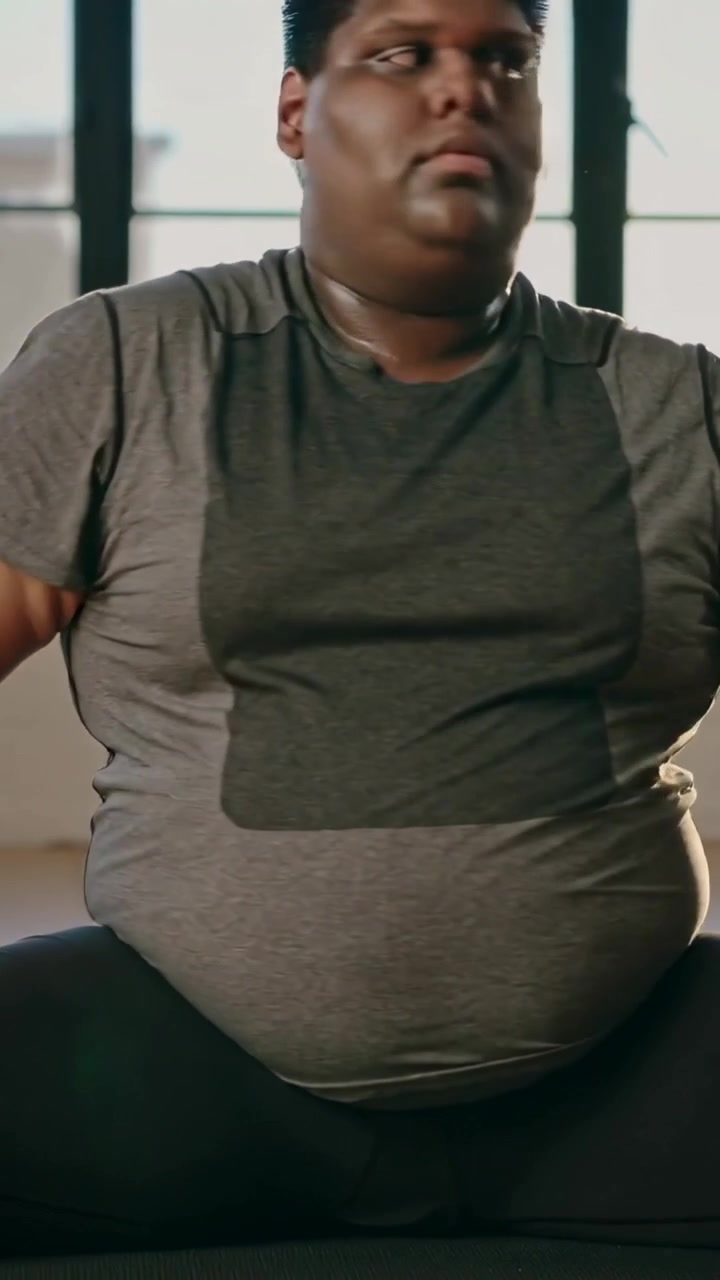 Vídeo vertical: Homem respirando, virando o pescoço e o tronco para alongar em estúdio com janela e blusa cinza.