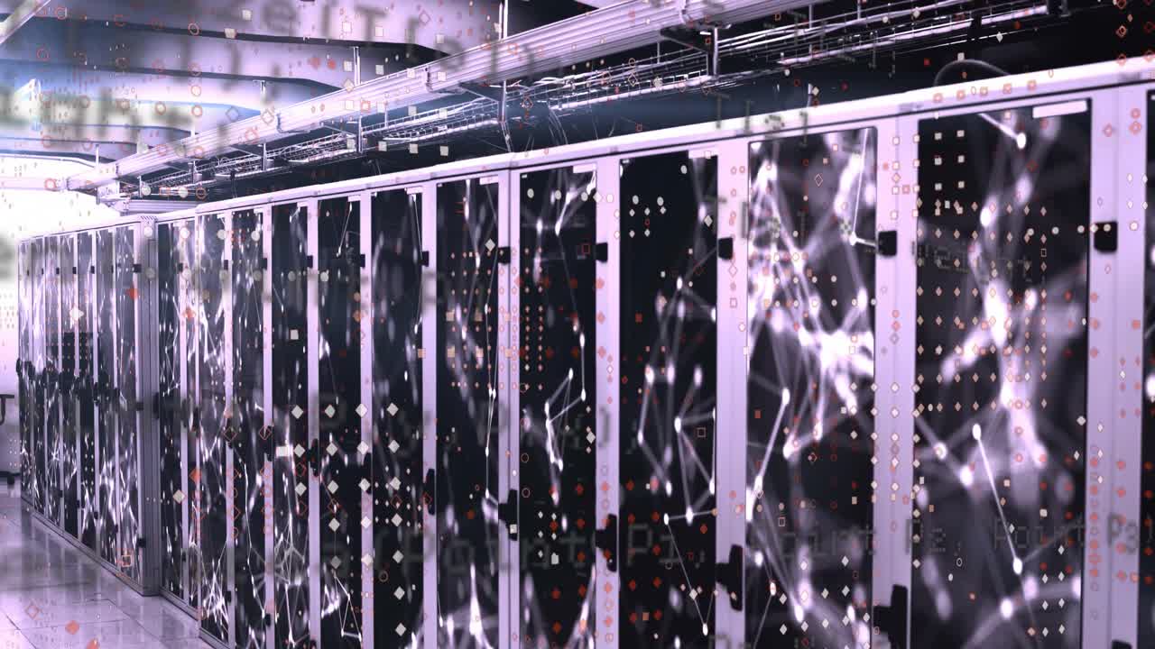 animación del procesamiento de datos contra la red de conexiones contra la sala de servidores de computadoras.