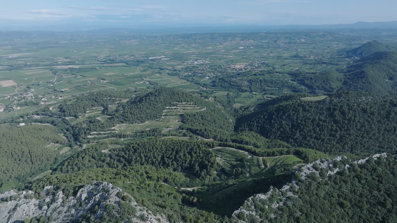 Ripresa aerea con drone in volo sopra i vigneti di Vaucluse, Provenza, Dentelles de Montmirail, Francia