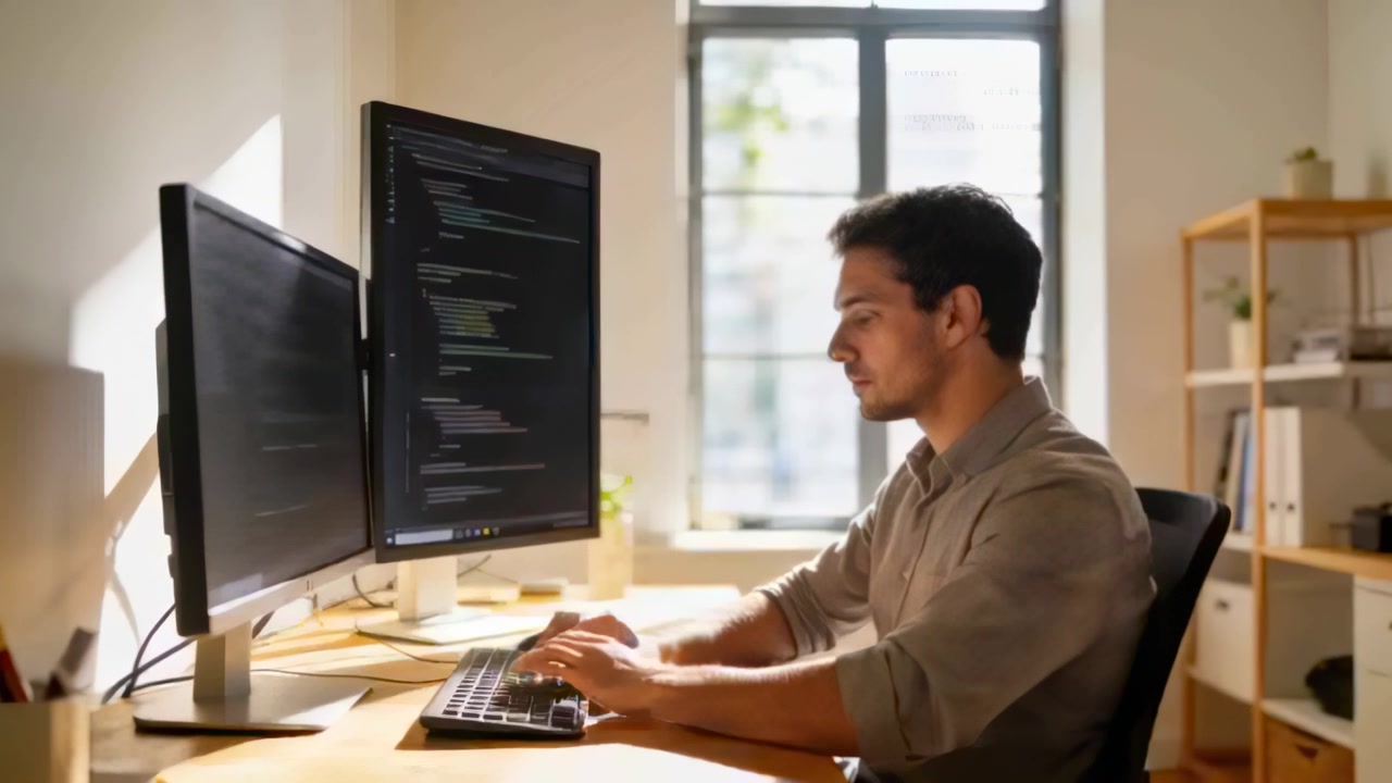 Mužský vývojář v košili s dlouhým rukávem píše, zahajuje relaci v domácí kanceláři, kóduje na dvou monitorech.