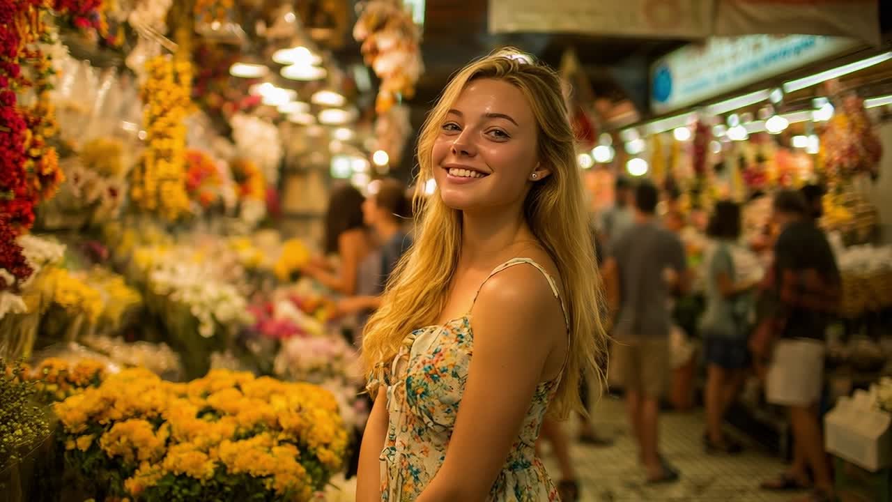 Donna Sorridente in un Vivace Mercato dei Fiori durante un Pomeriggio Soleggiato.
