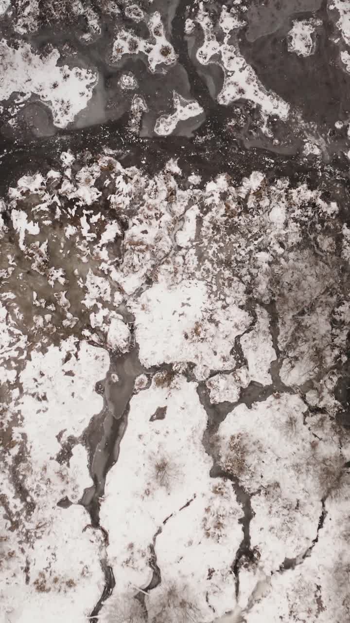 Flying above icy terrain in winter between forest. Vertical aerial view of a partially frozen forest landscape with creek flowing through a swampy area.