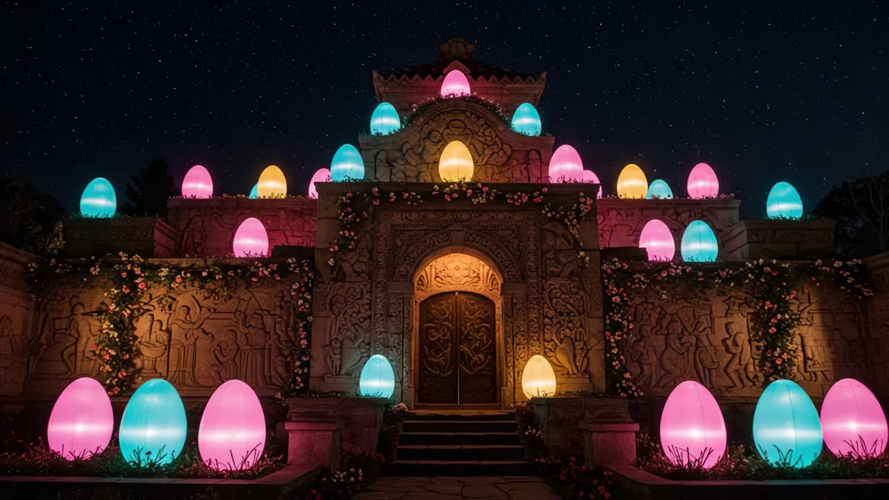 A Stunning Display of Illuminated Eggs Surrounding an Ornate Structure Under the Night Sky, Creating a Magical and Enchanting Atmosphere