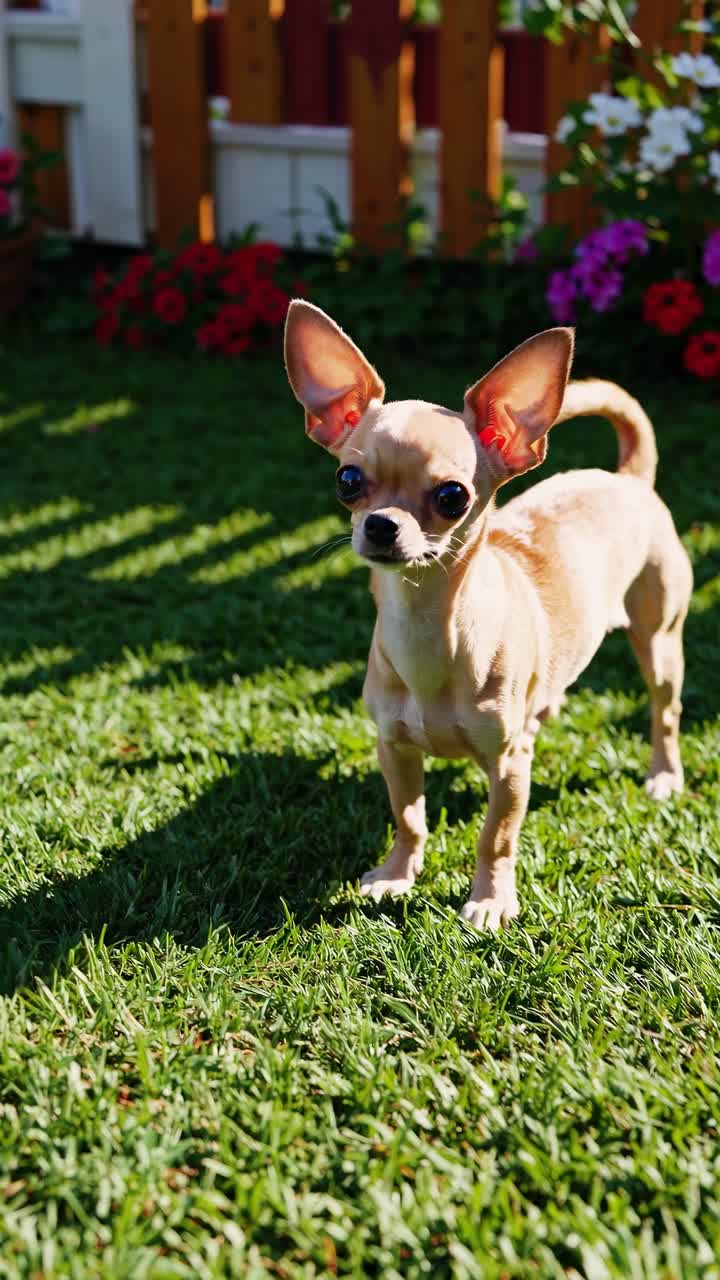 A low-angle video captures a playful Chihuahua on lush grass, with vibrant flowers