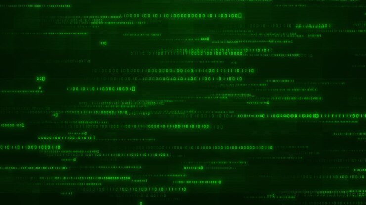 Green digital stream binary codes over dark grid cybersecurity motion graphics hacking visuals