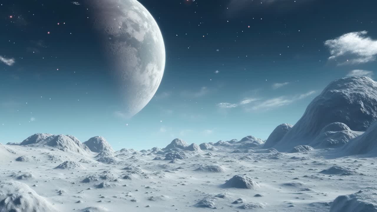 A stunning video concept of a snowy alien landscape with a distant planet