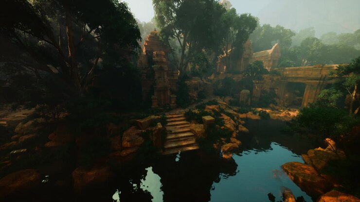 Ancient Temple Ruins Overgrown in a Misty Jungle