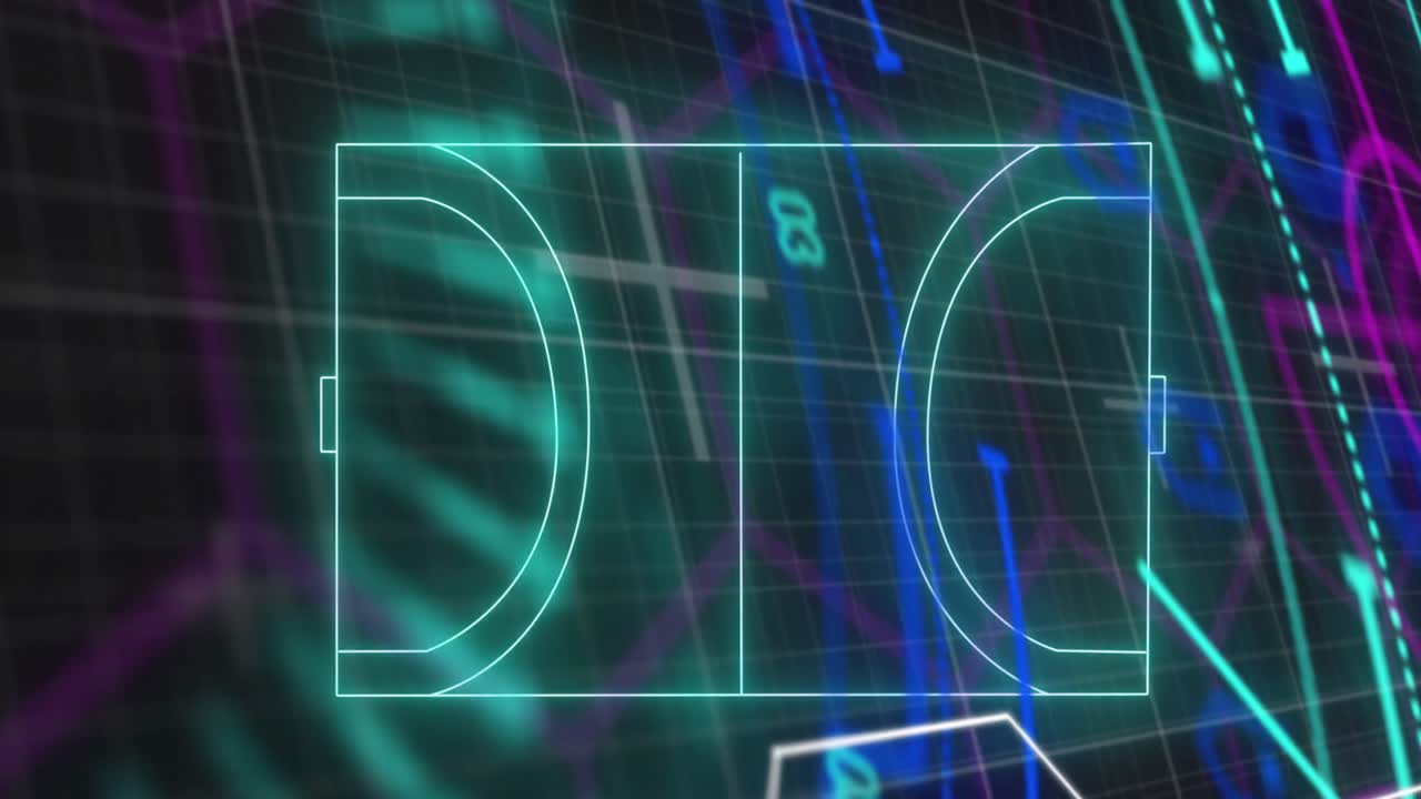 Animation of spinning colourful spotlights and data processing