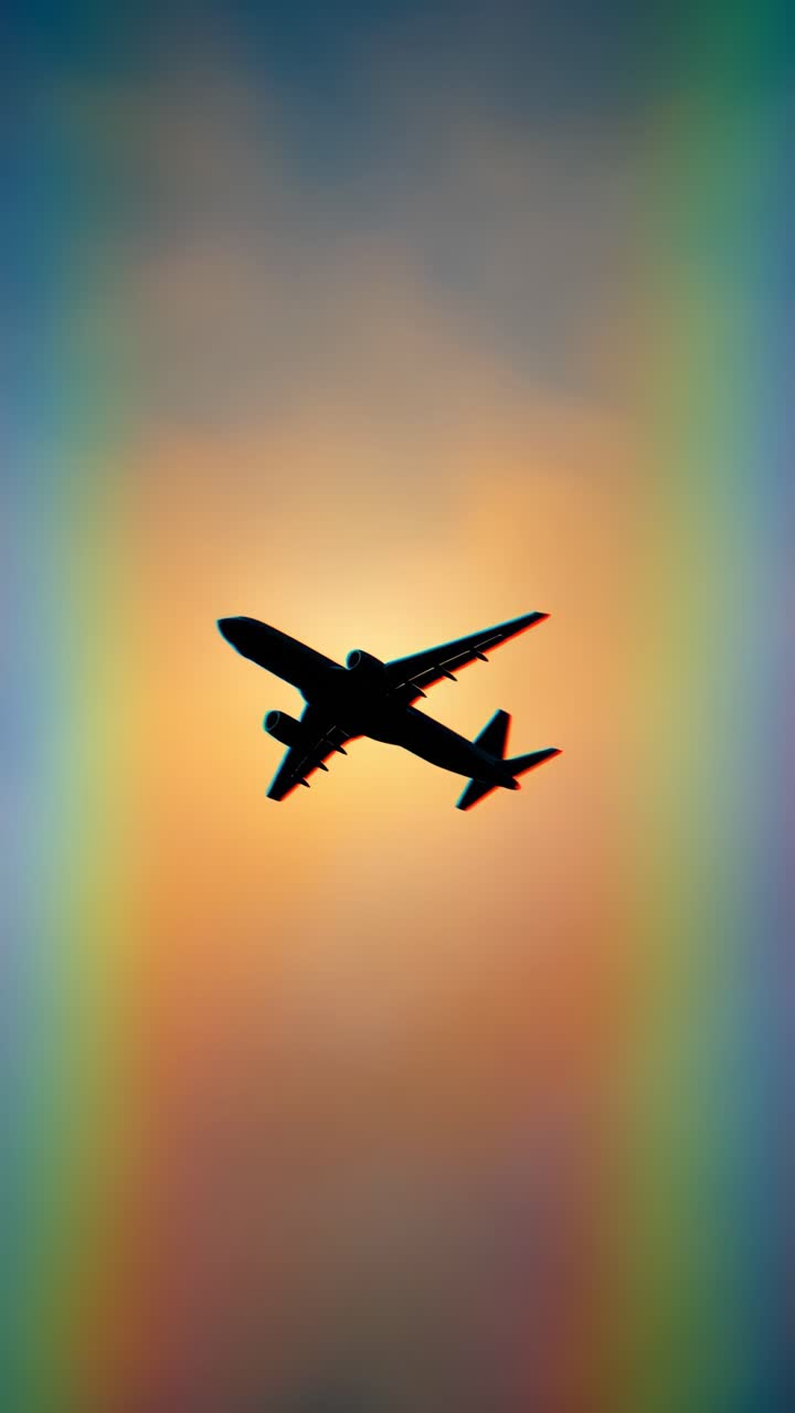 Silhouette of an airplane against a vibrant sunset sky, captured from a low angle