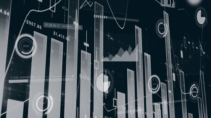 Animation of multiple graphs with changing numbers over loading circles against black background