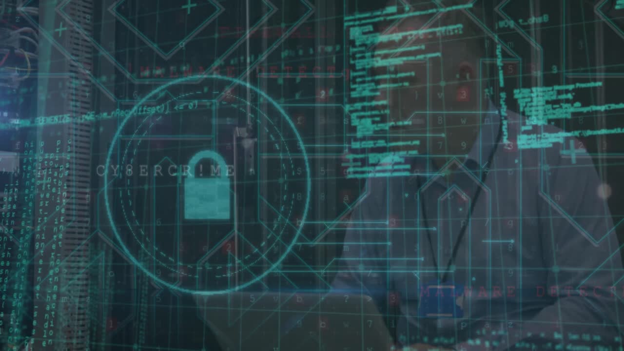 icono de candado de seguridad y procesamiento de datos contra ingeniero masculino caucásico usando computadora portátil