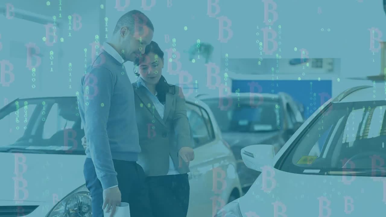 animación de símbolos de bitcoin y procesamiento de datos sobre diversas personas de negocios.
