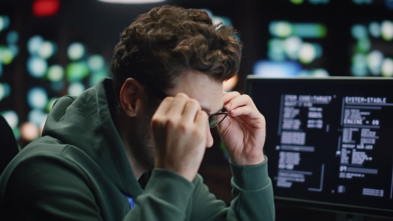 Tired coder working computer at night datacenter closeup. Man wearing glasses