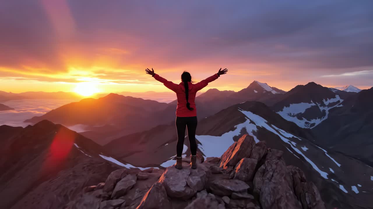 Person on Mountain Top at Sunset