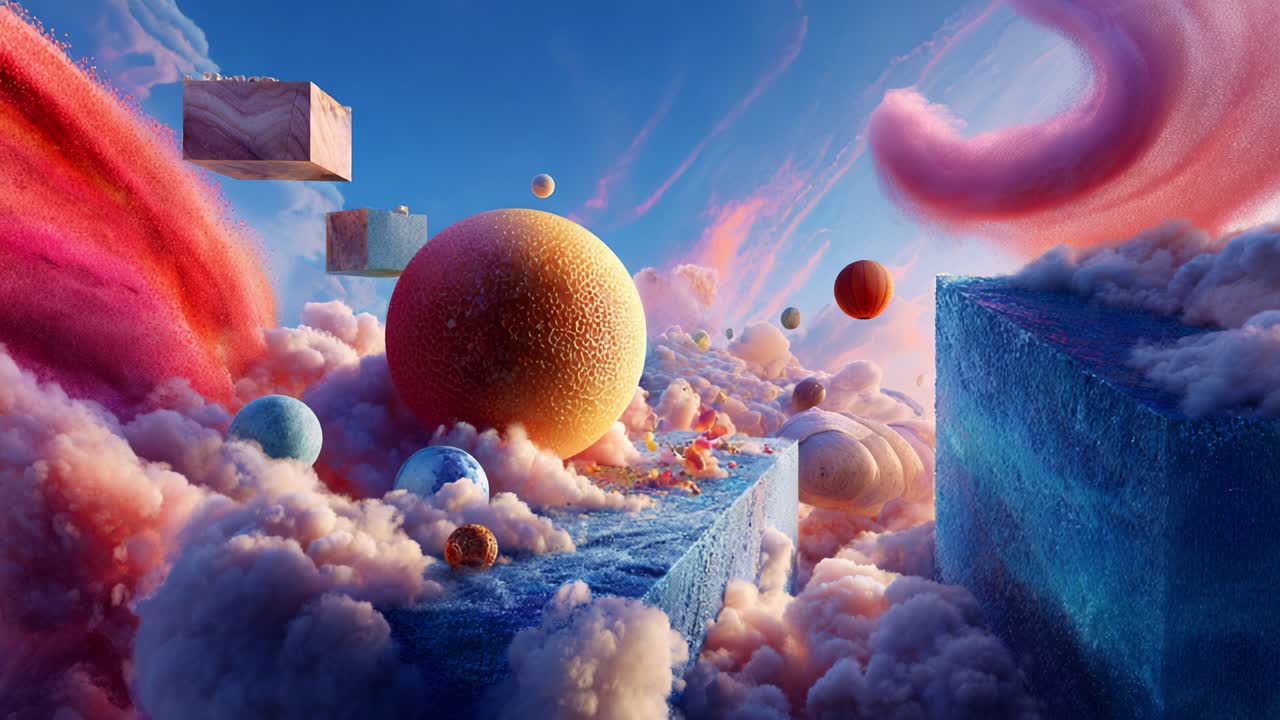 A mesmerizing surreal landscape filled with vibrant planets, floating geometric shapes, and dreamy clouds, creating an enchanting scene of cosmic wonder and imagination