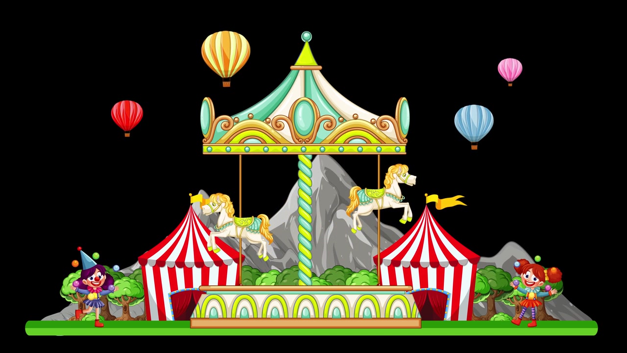 Colorful 2D carousel rotates amidst circus tents, mountains, and floating hot air balloons on black