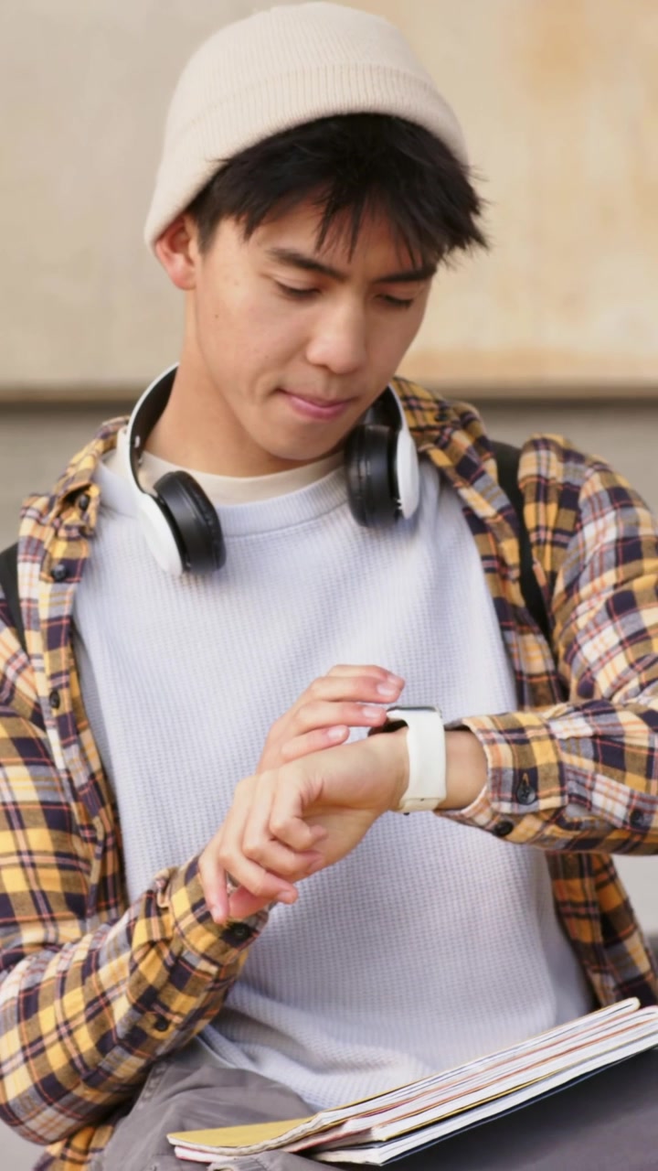 Vertical video: Glancing down, man in beanie on bench checking watch time before study with folders