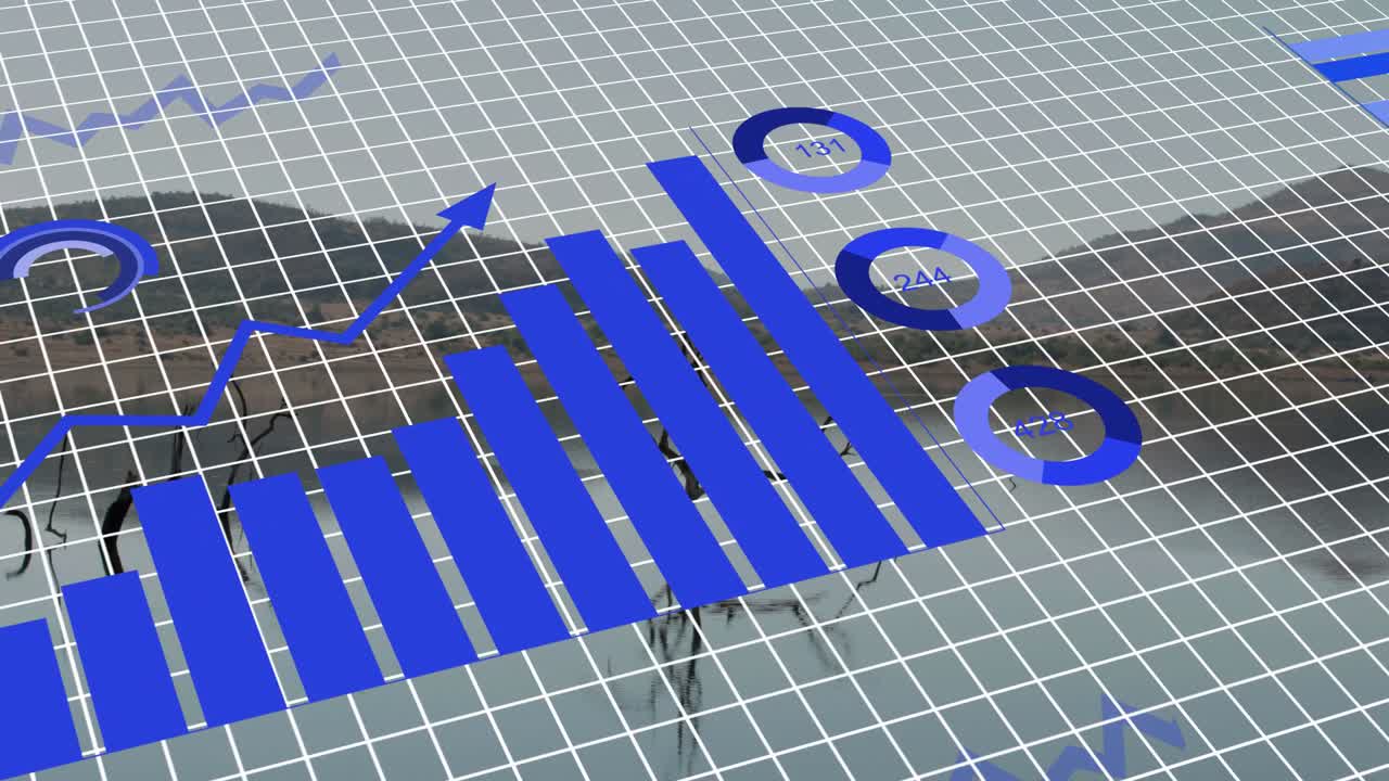 On grid reveal 3D charts unfolding, drawing rising line, growing bars, forming pie, showing trends