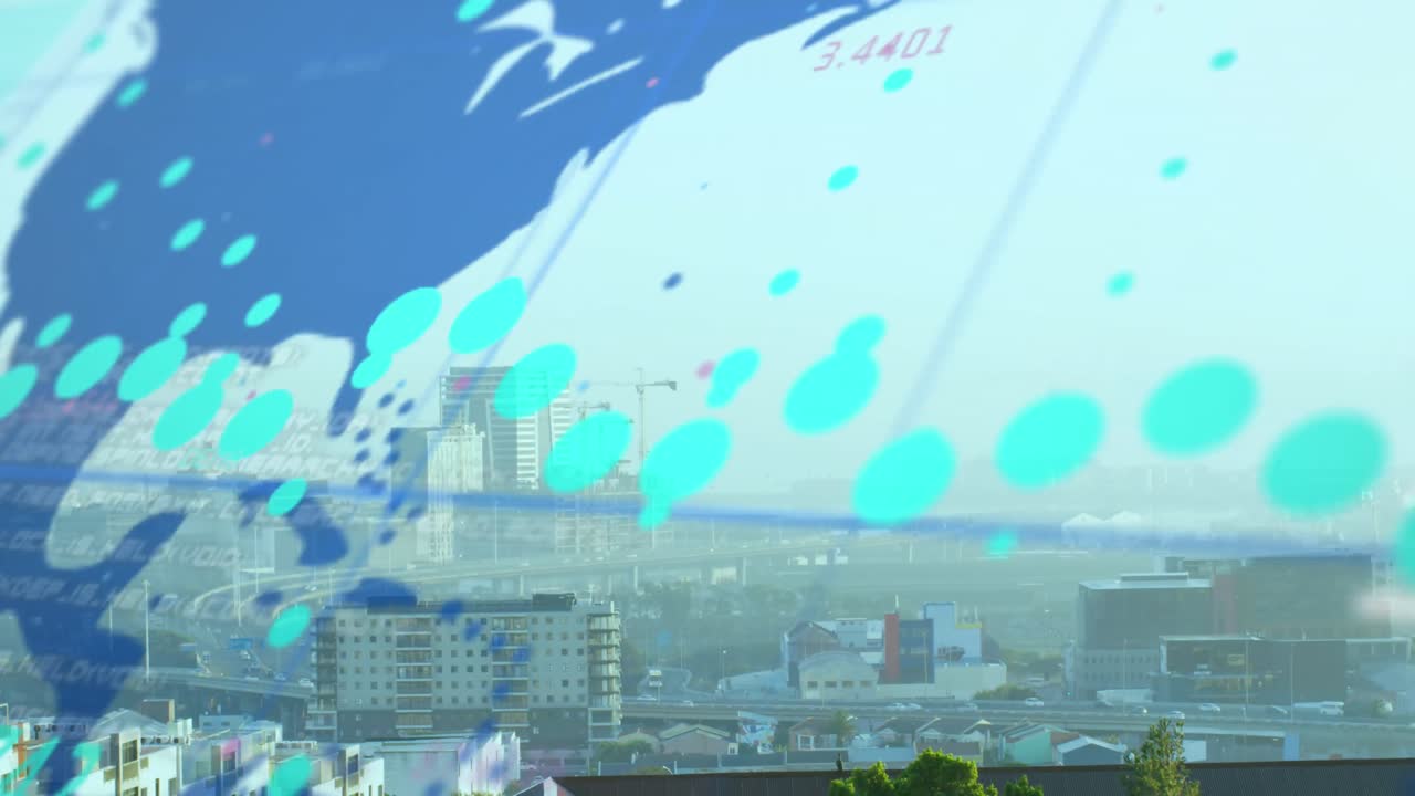 그리드 네트워크와 세계 지도를 통해 데이터 처리의 애니메이션과 도시 풍경의 항공 시각