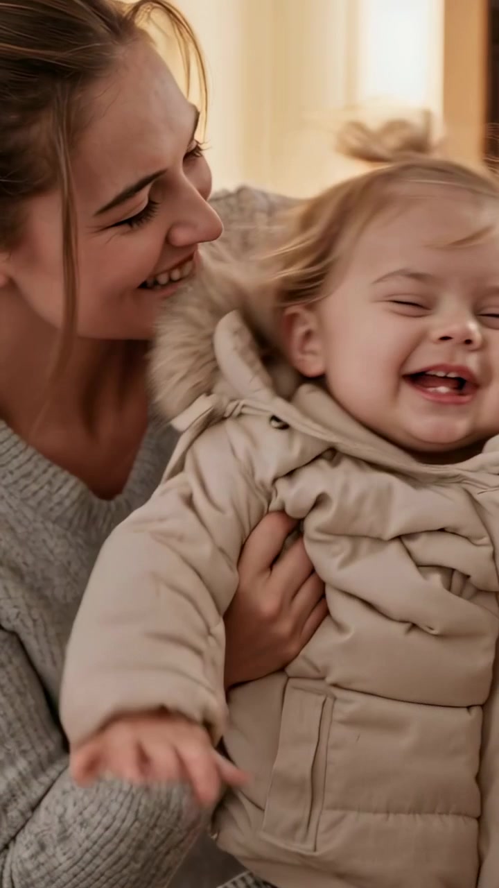 Vertikales Video: Lächelnde Mutter in grauem Strick hält Baby in beiger Pufferjacke, schaukelt zu Hause, Baby lacht.