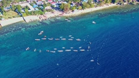 Amazing-combination-view-of-shoreline,-beautiful-blue-sea-water,-calming-small-waves-and-well-know-whale-shark-watching-by-the-transport-boats-circling