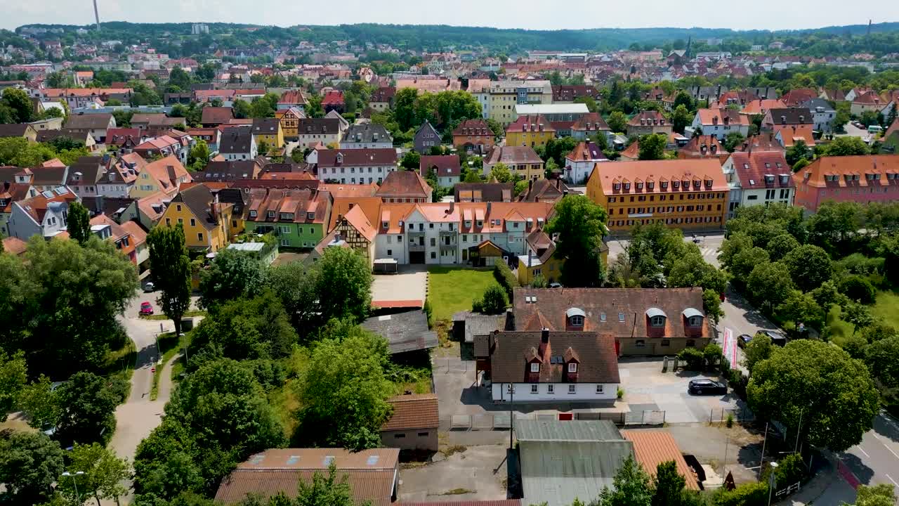 4K Aerial Drone Video of the Historic Half-Timbered Homes in Downtown Ansbach, Germany