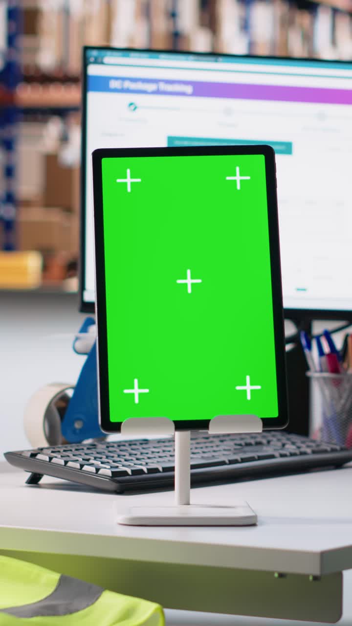 Vertical Video Empty storehouse space shows green screen on computer monitor