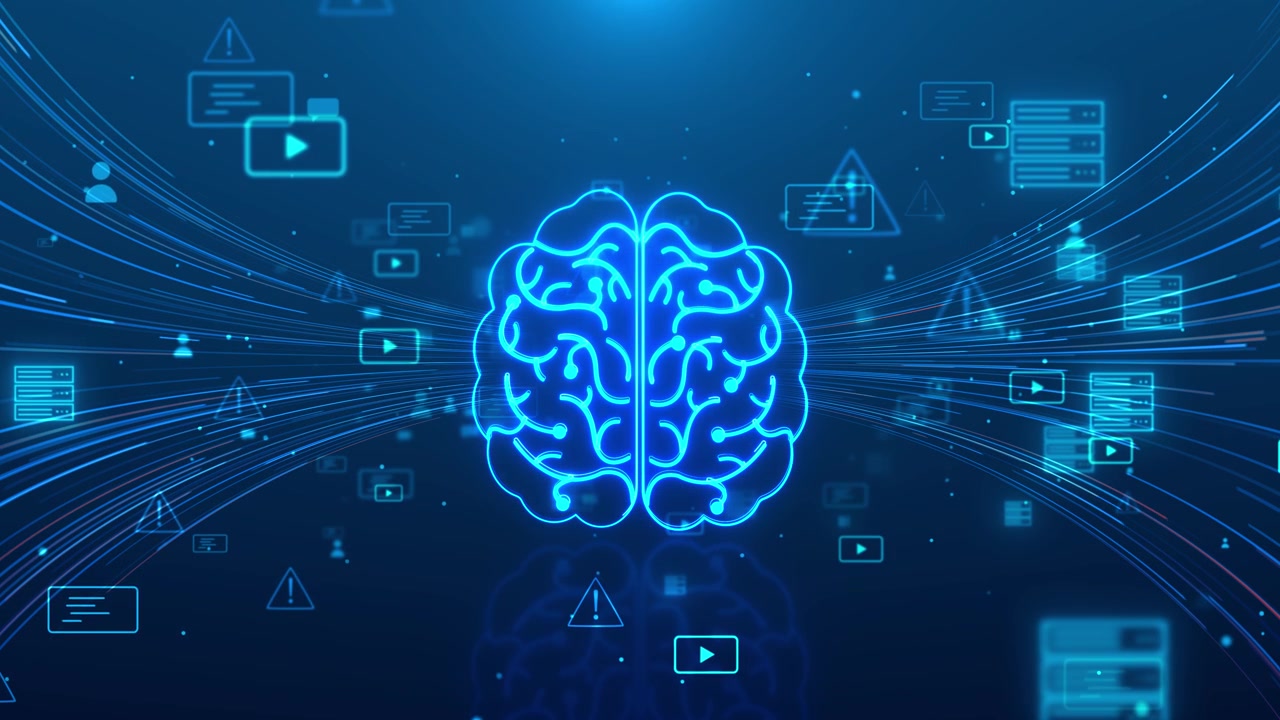 Blue ai content network visual with glowing brain outline media icons alert symbols and flowing
